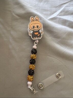 Cute Labubu Badge Reel with Black & Gold Beaded Strap